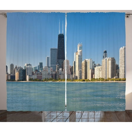 Illinois Curtains 2 Panels Set, View of Chicago Skyline from Michigan Lake Famous American Town Midwest Panorama, Window Drapes for Living Room Bedroom, 108