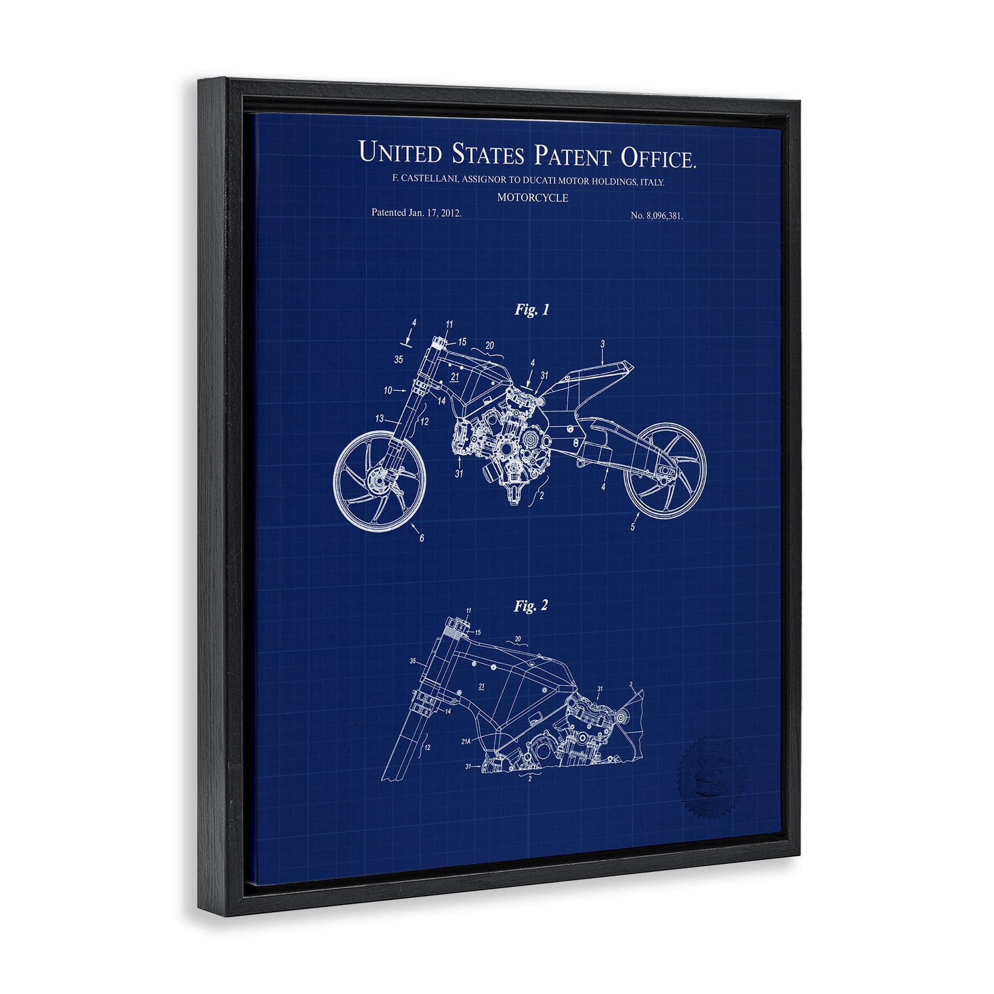 Stupell Industries Motorcycle Patent Blueprint Transportation Painting Black Floater Framed Art Print Wall Art, 17 x 21