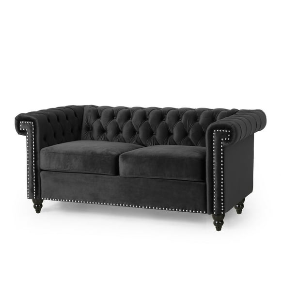 Milles Elegant Black Velvet Chesterfield Sofa with Tufted Design and Nailhead Trim - Classic Living Room Furniture