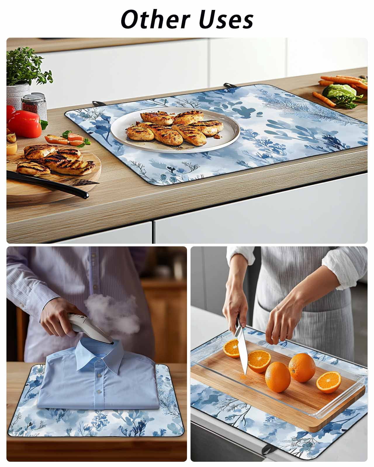 Stove Top Covers for Electric Stove 36x21 Inches, Blue Botanical Art Heat Insulation Fireproof Glass Cooktop Protector, Modern Pastoral Watercolor Leaf Countertop Stovetop Cover for Kitchen