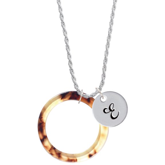 Delight Jewelry Acrylic 1 1/2" Ring Mixed Brown and Yellow Silvertone Script Initial Disc - E - Charm Necklace, 20"+3"