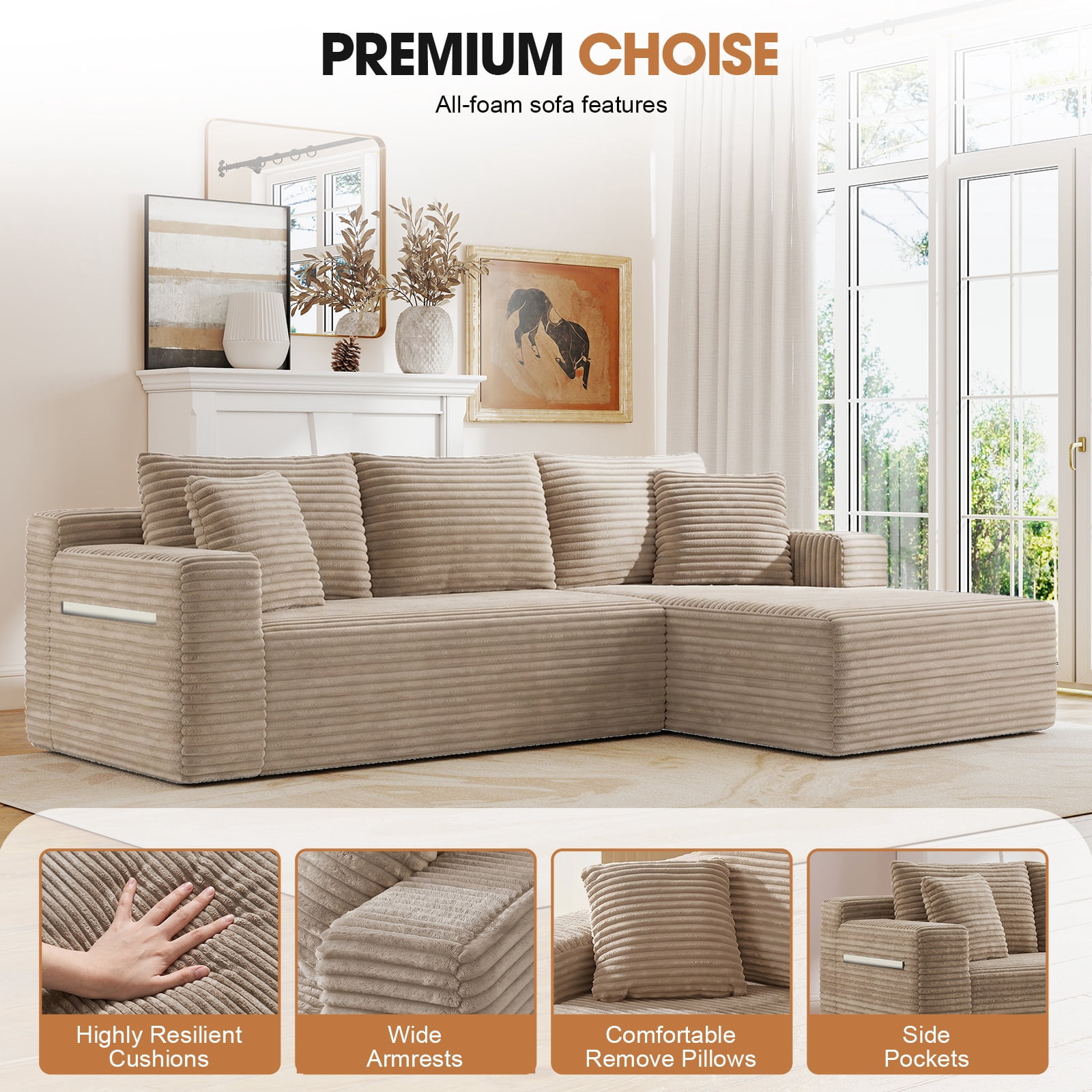 Aukfa 95" Cloud Sectional Couch, Modular L Shaped Boneless Sofa with Right Facing Chaise&2 Storage Pockets, Camel
