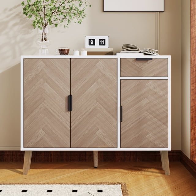 Kosynda Sideboard Buffet Cabinets with Drawer, Wood Coffee Bar Storage Cabinet with and 1 Adjustable Shelf for Kitchen, Entryway, Dining Room, Natural