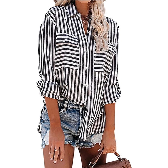 DPTALR Hauts pour Femmes Rayés Imprimés à Simple Boutonnage Chemise à Manches Longues en Coton Lin