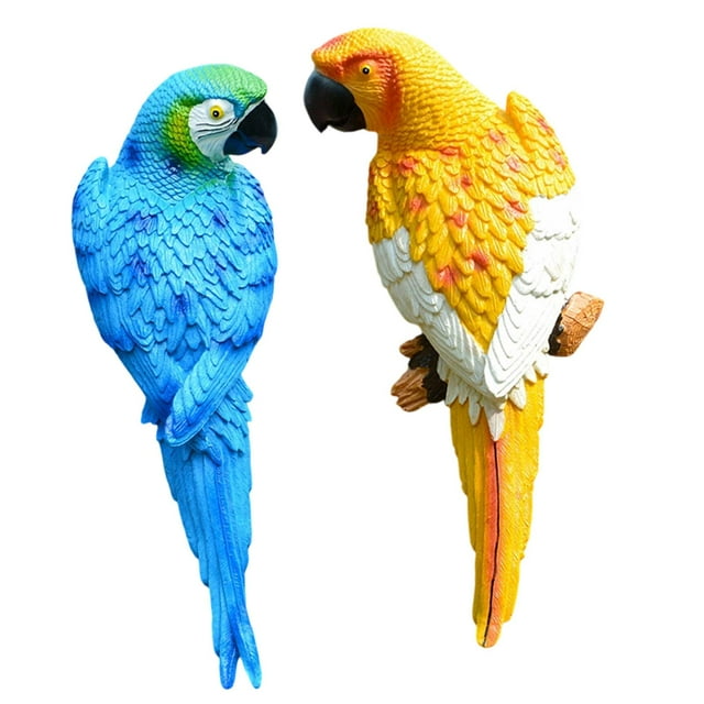 2 piezas de figuras de loros adornos de árboles de pared decoración del árbol de la pared estatuas del jardín de resinas Amarillo azul