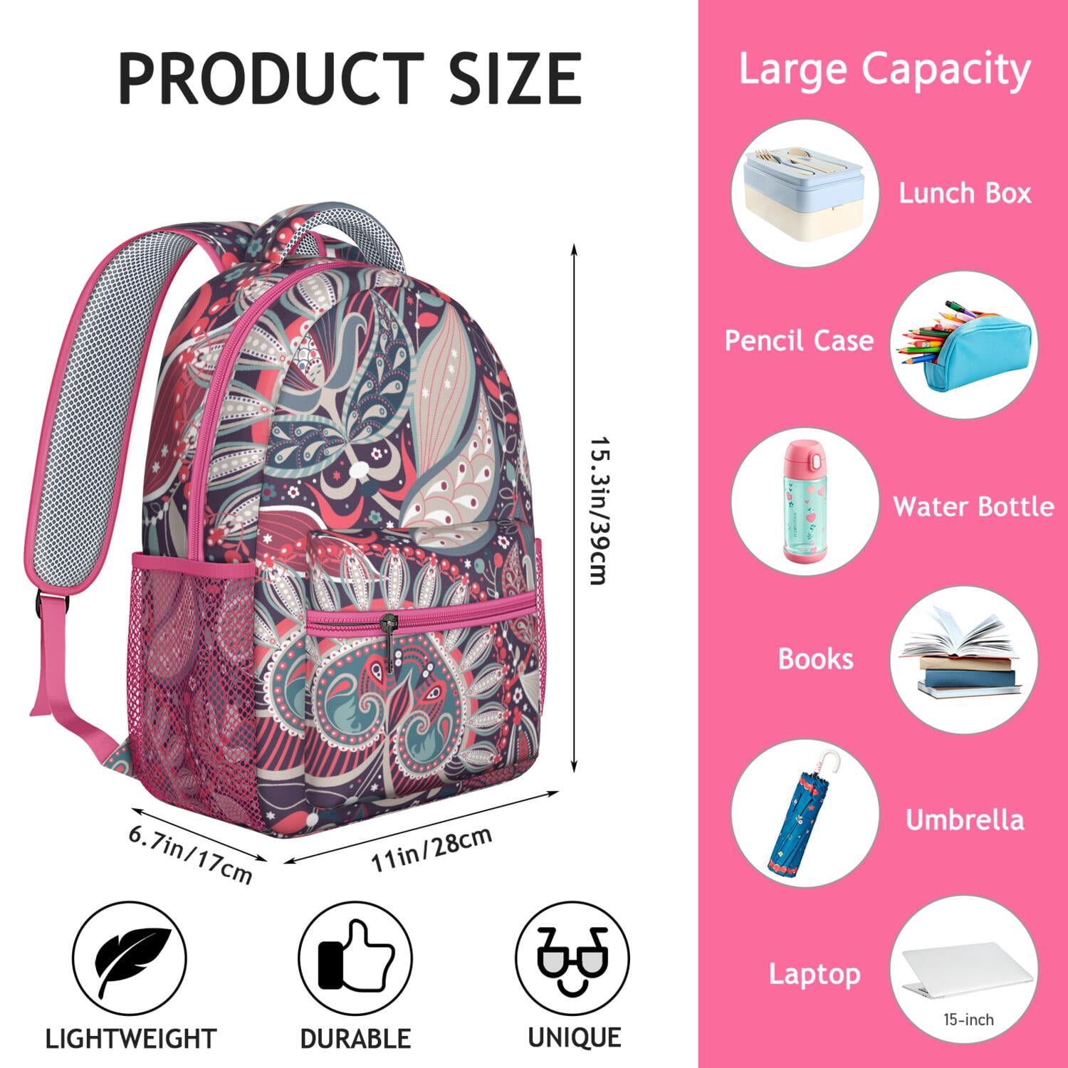 Exotic Retro Paisley Backpack - Durable Ergonomic Bookbag with Adjustable S-Shaped Straps