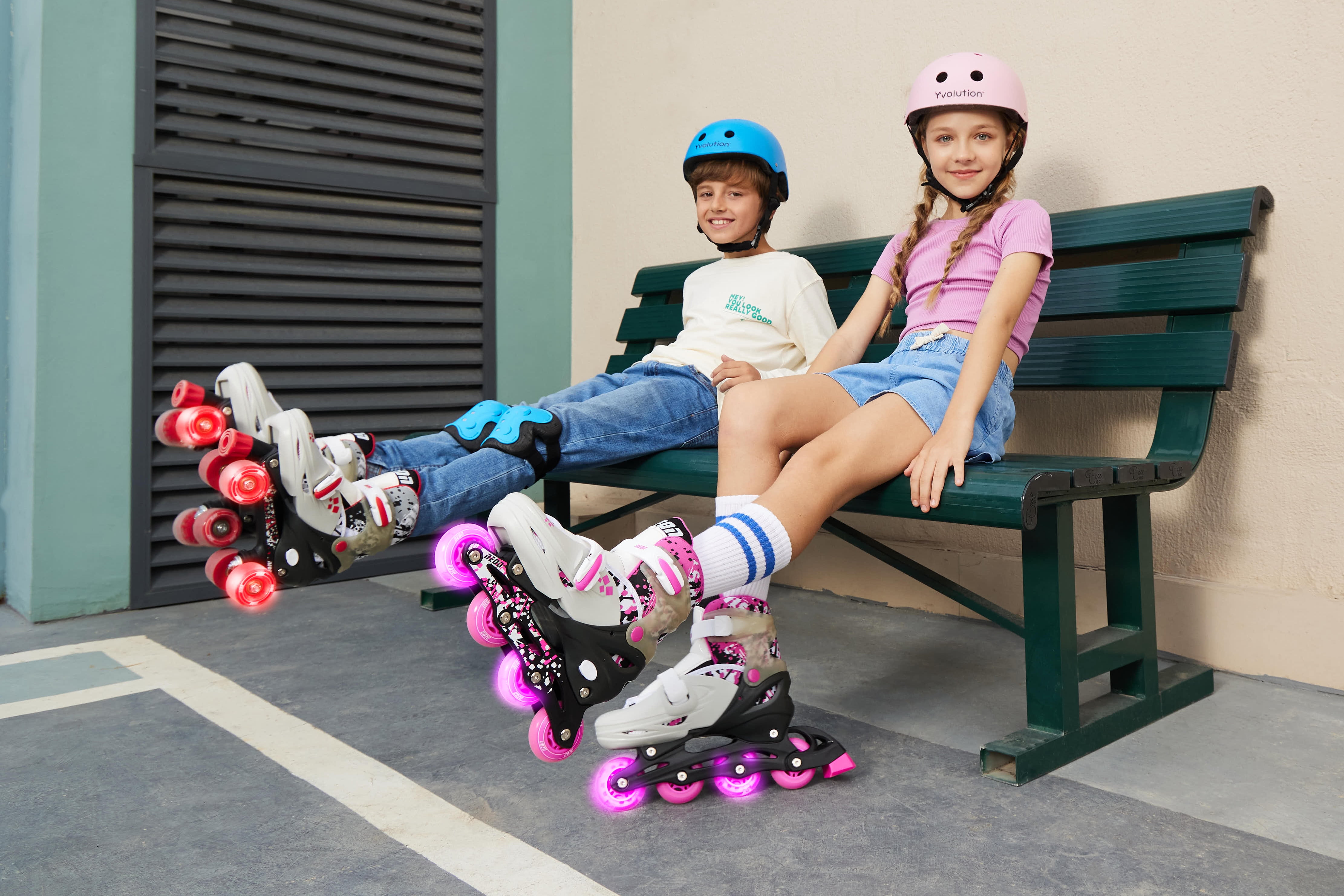 Yvolution Neon Roller Skates 2 in 1 Inline Skates and Quad - Girls and Boys Skate, Size 12-2 Adjustable, One Pair, Red