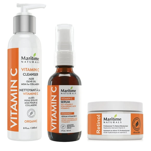 Maritime Naturals Face Bundle Pack of 3 â 1% Retinol Cream 120ml, 20% Vitamin C Serum 60ml, Vitamin C Facial Cleanser 240mlâ¦