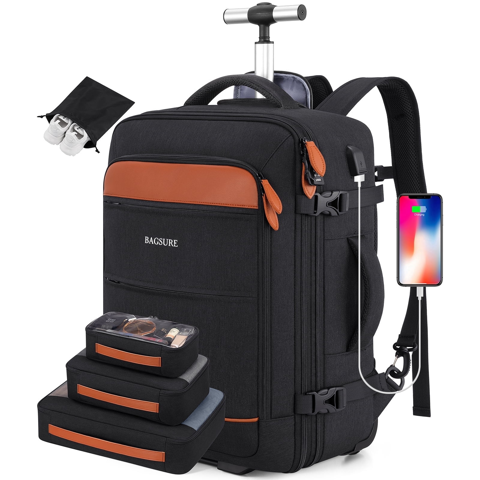 17 inch laptop backpack with wheels MATEIN Rolling for Women, Backpacks pen sleeves and slip pocket storage space for media devices and cell phone Matein Rolling Travel Backpack for