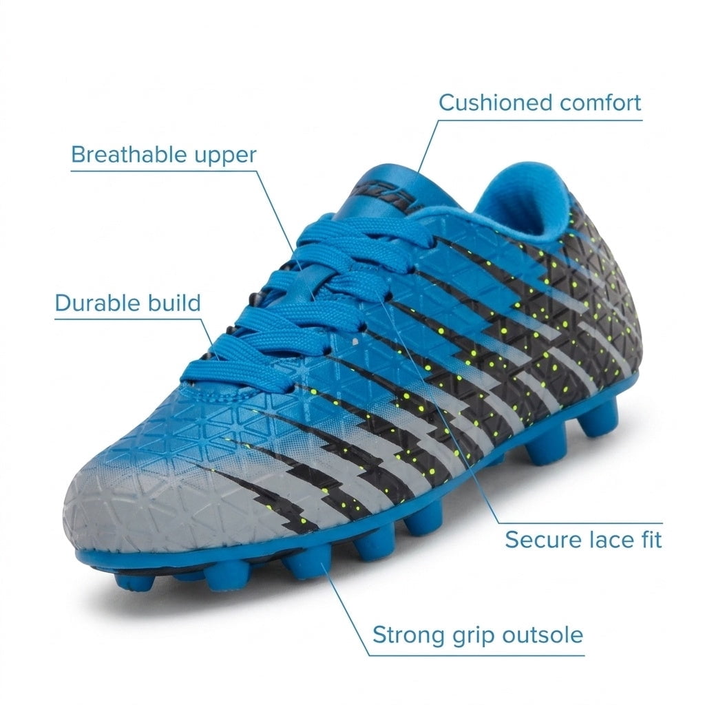 Vizari Bolt Firm Ground Soccer Cleats for Kids – Durable, Comfortable, and Stylish Boys and Girls Soccer Shoes with Traction - Blue/Black/Silver, 3