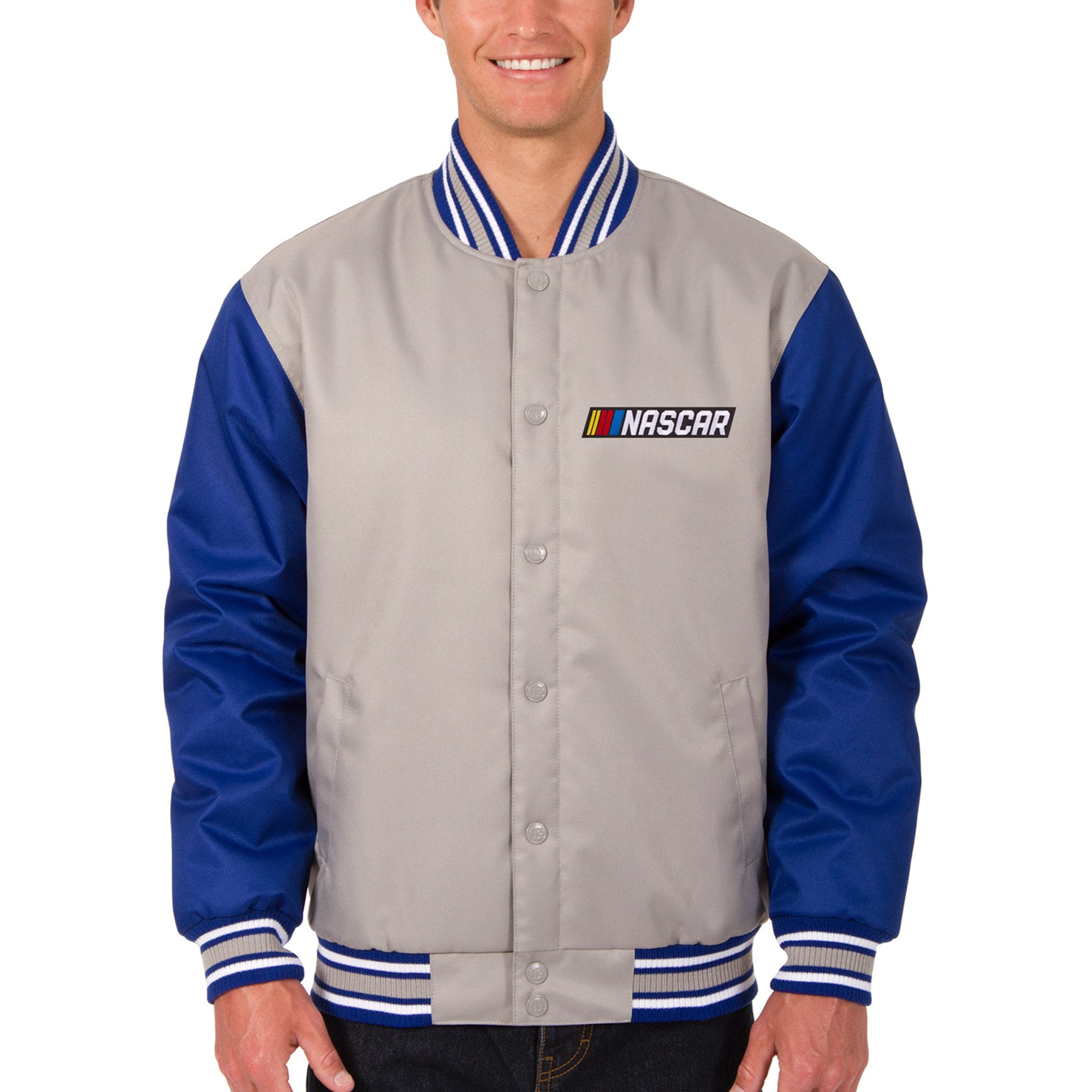 Buy Men's JH Design Gray/Royal NASCAR PolyTwill Varsity Jacket Online