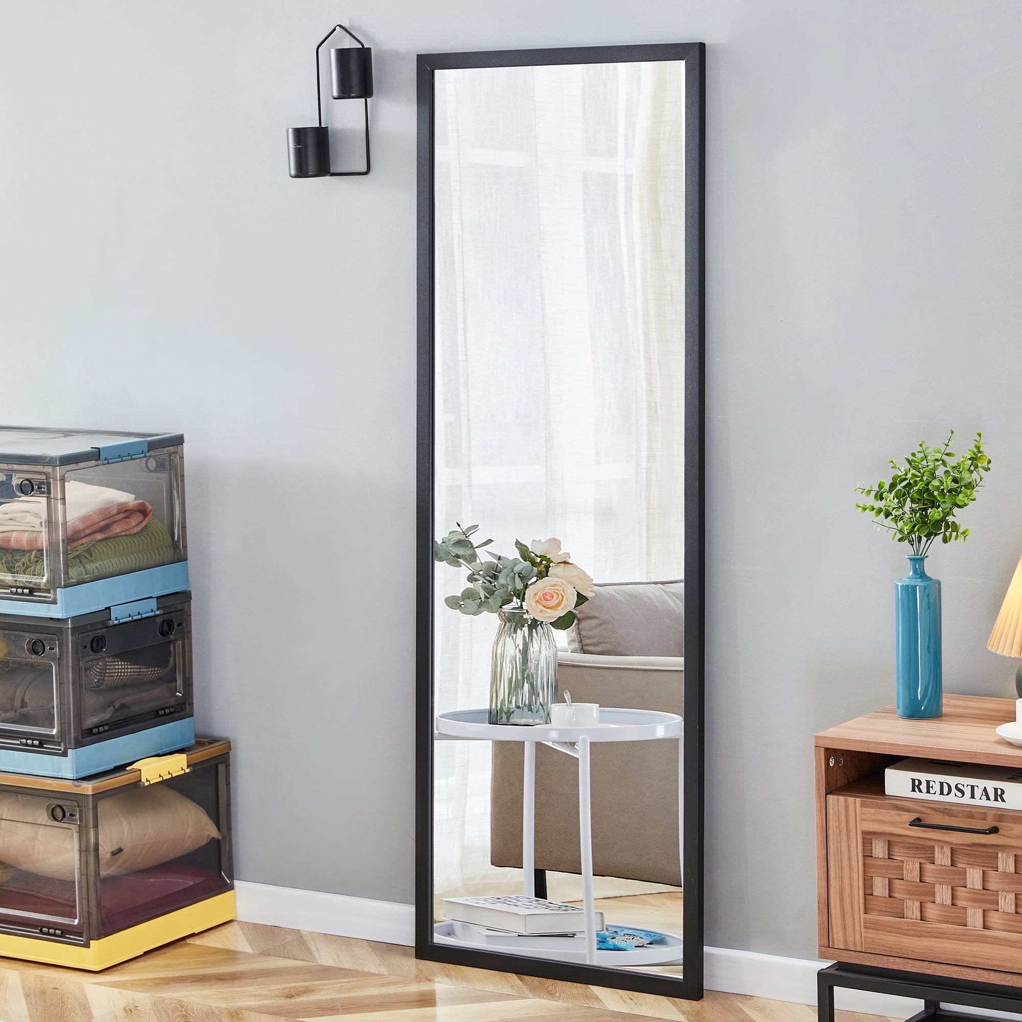 Full-Length Mirror, Dressing Mirror with Wood Grain Solid Wood Frame, Floor Standing Mirror for Living Room, Bedroom, 65"×22.8", Black