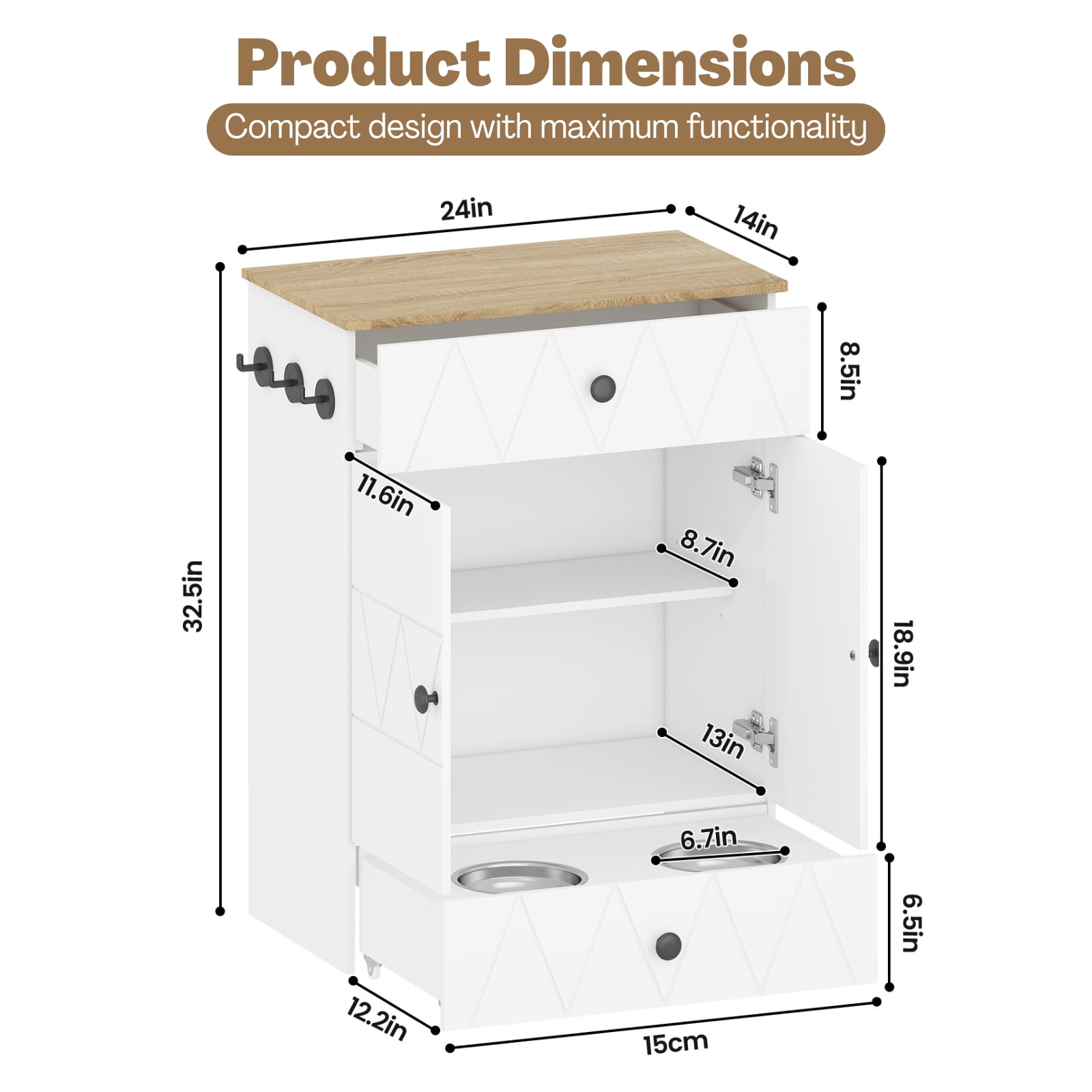 Advwin Pet Feeding Station Furniture with 2 Raised Dog Bowls, Dog & Cat Food Storage Cabinet with Drawer, Adjustable Shelves & Hooks, White