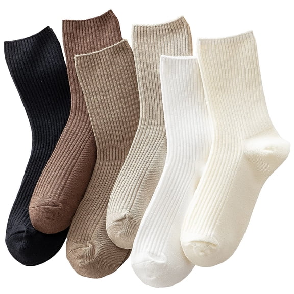 Womens Cute Crew Socks Casual Athletic Aesthetic Socks Neutral Cotton Socks for Long Flights Office Meetings Ribbed Texture with Earth Tone Palette and Mid-Calf Height Beige