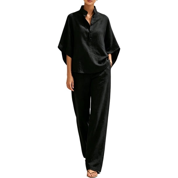 Women’s Batwing Sleeve Linen Cotton Two-Piece Set – Casual Shirt & Wide Leg Pants Outfit