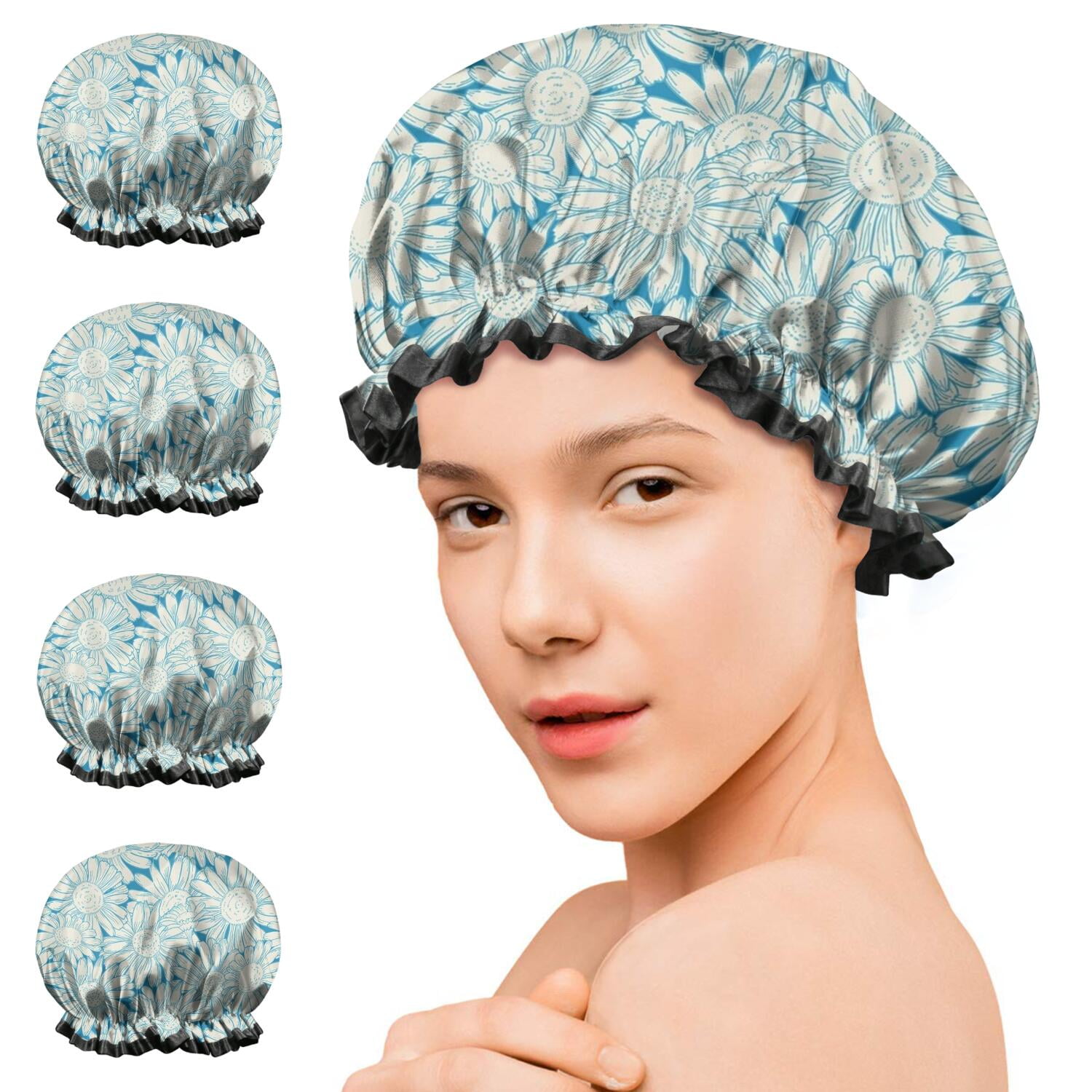 Shower Caps,Daisy Flower Pattern Waterproof Shower Cap for Women 4 Pieces,Double Reusable Hair Cover for Shower PEVA Elastic Stretch Hem