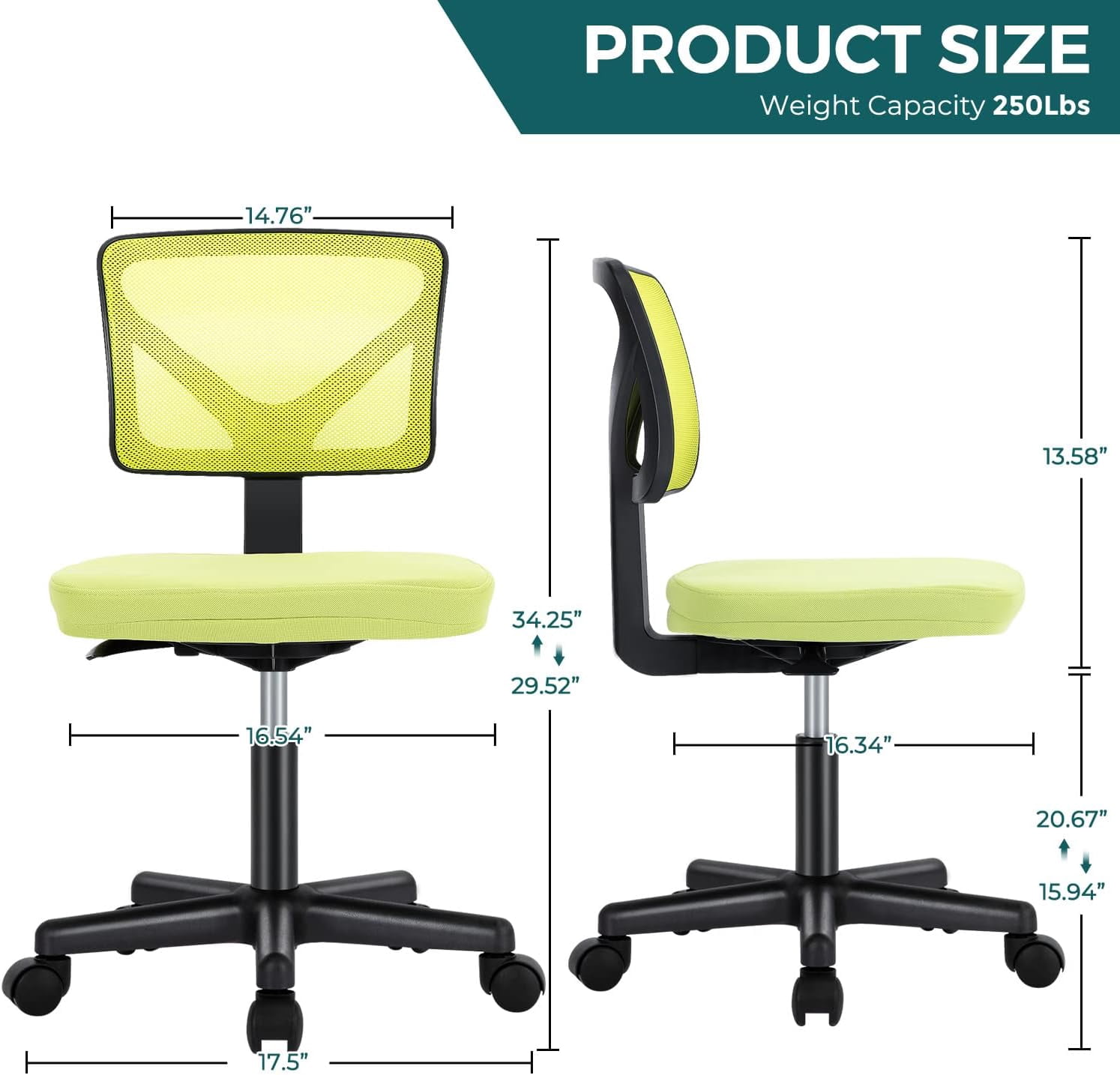 Armless Mesh Office Chair, Ergonomic Low-Back Swivel Desk Chair with Wheels and Lumbar Support, Height Adjustable, Green
