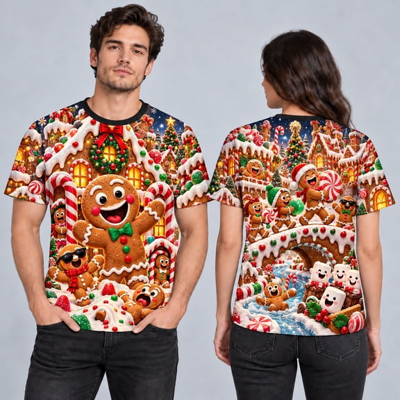MOVAAX Smiling Gingerbread Candyland 3D-Effect T-Shirt, Unisex Christmas Tee