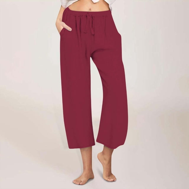 Meichang Linen Capri Pants for Women Summer Drawstring Elastic High Waist Pant Straight Wide Leg Cropped Trouser Solid Cotton Linen Pants with Pockets