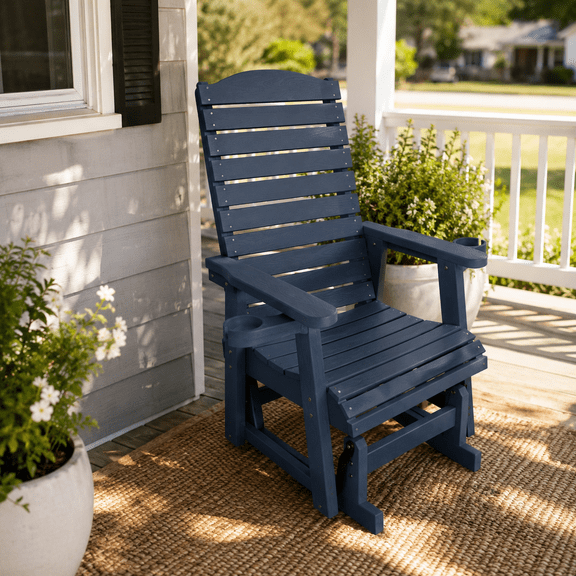 Innovaze Outdoor Glider Chair with Cup Holders, Heavy Duty 700 LBS Patio Gliding Chair, HIPS Weather Resistant Chair for Porch Backyard Garden, Navy Blue