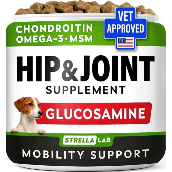 STRELLALAB Glucosamine Chews for Dogs - Hip and Joint Chews for Dogs with Chondroitin, MSM & Omega-3 Fish Oil - Dog Supplement for Joint Pain Relief - Bacon Flavor - 120 Count - made in USA