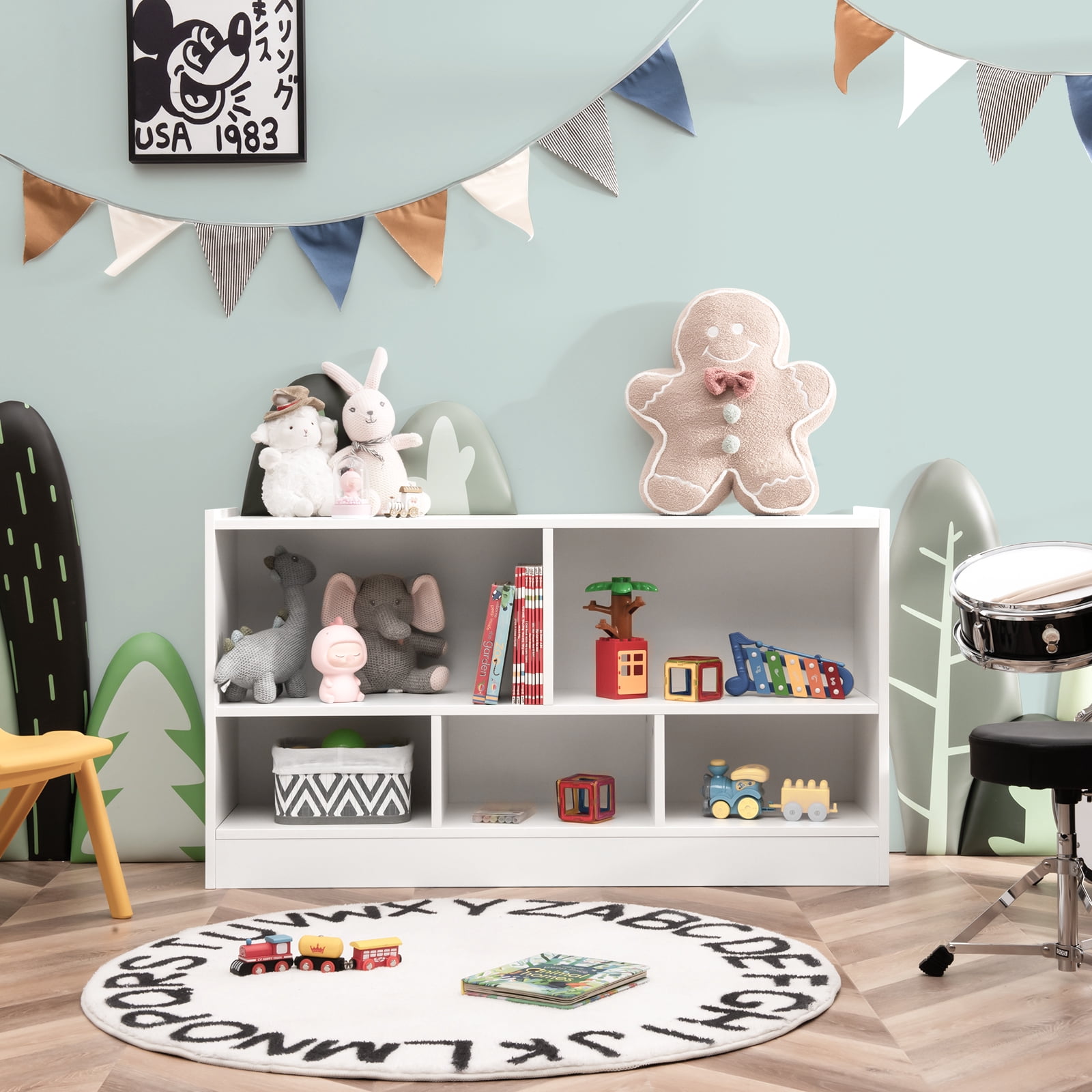 Infans Kids 2-Shelf Bookcase 5-Cube Wood Toy Storage Cabinet Organizer White