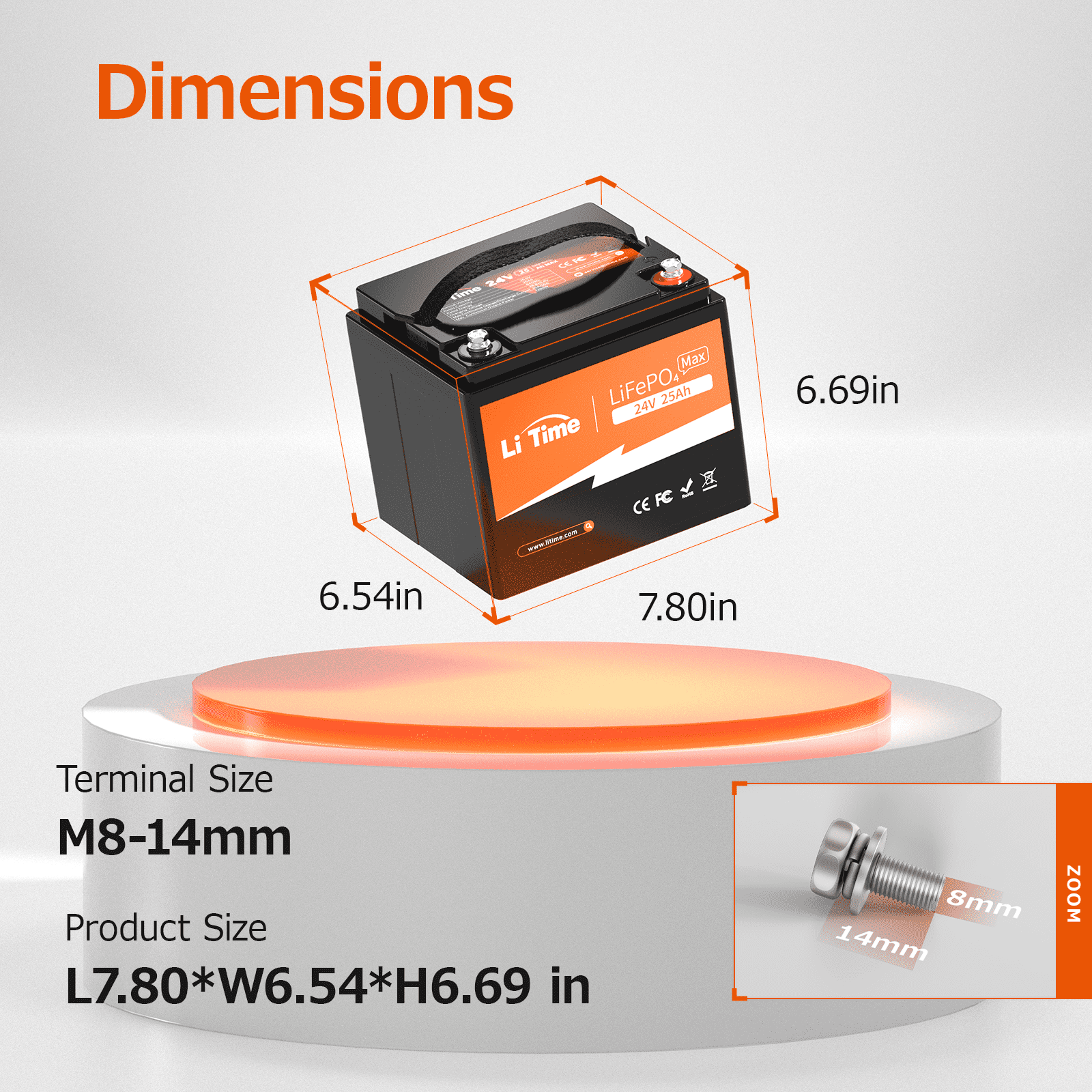 LiTime 25.6V 25Ah Lithium Battery Electric Wheelchair LiFePO4 Battery 2C Discharge Rate 50A BMS