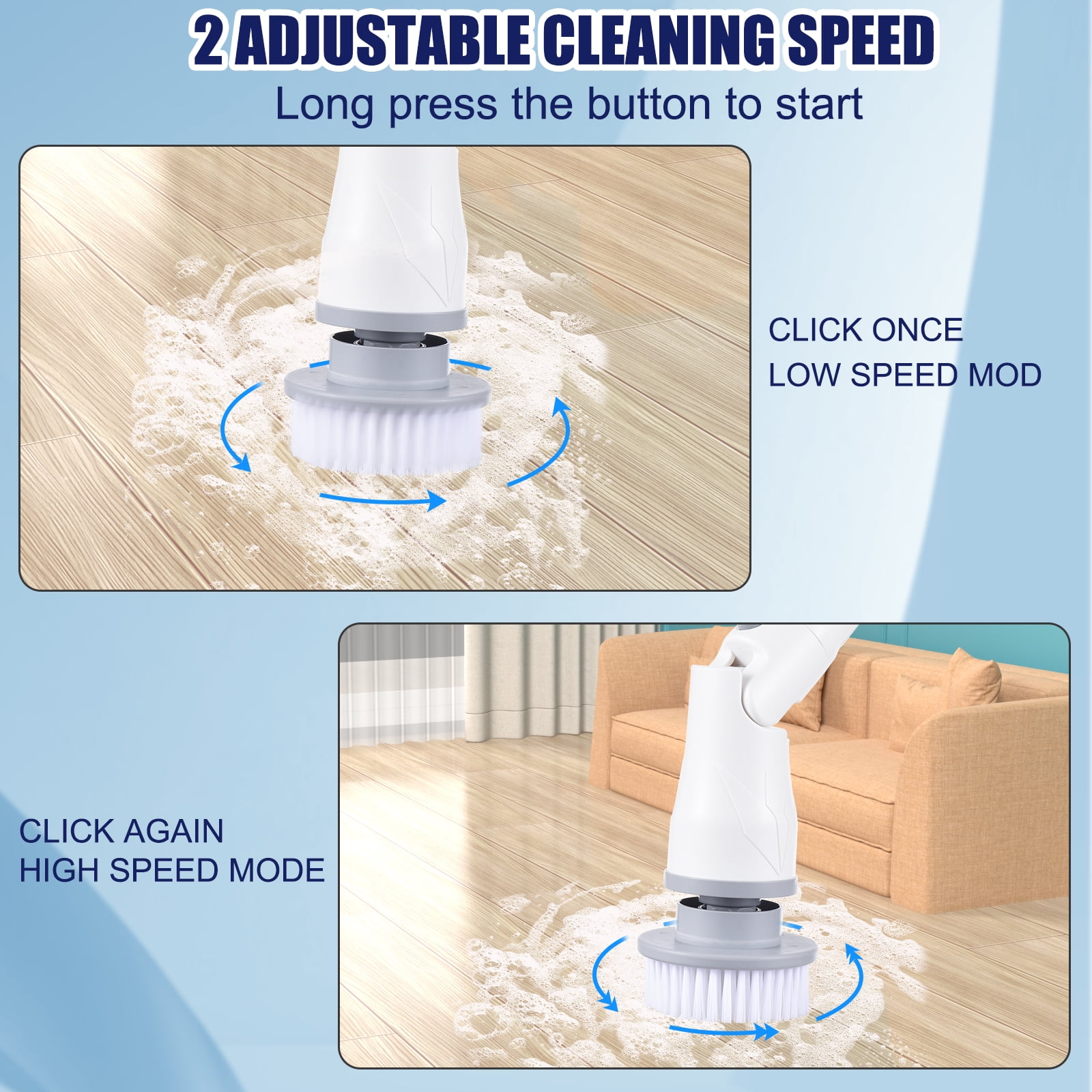 Cordless Electric Spin Scrubber,Cleaning Brush Scrubber for Home,  400RPM/Mins-8 Replaceable Brush Heads-90Mins Work Time,3 Adjustable Size,2  Adjustable Speeds for Bathroom Shower Bathtub Glass Car 