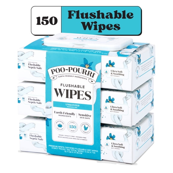 Poo~Pourri Flushable Wipes, Fragrance-Free, 3-Pack 150ct