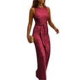 thumbnail image 2 of JULMCOMO Jumpsuits for Women Crew Neck Sparkly Sequin Casual Rompers Sleeveless Belted Waist Wide Leg Dressy Jumpsuits Wine M, 2 of 4
