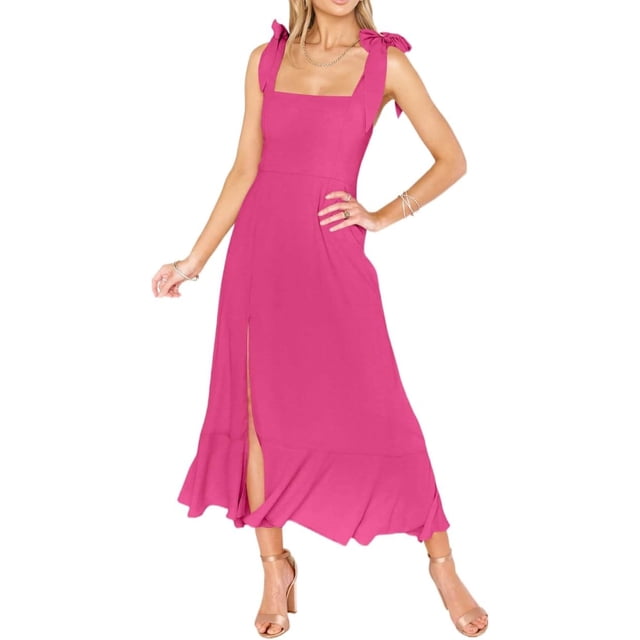 Robes de Demoiselle d'Honneur pour Femmes Col Carré à Volants Fendue Robe Midi Bretelles Larges Réglables Robe d'Été avec Ceinture pour Invité de Mariage