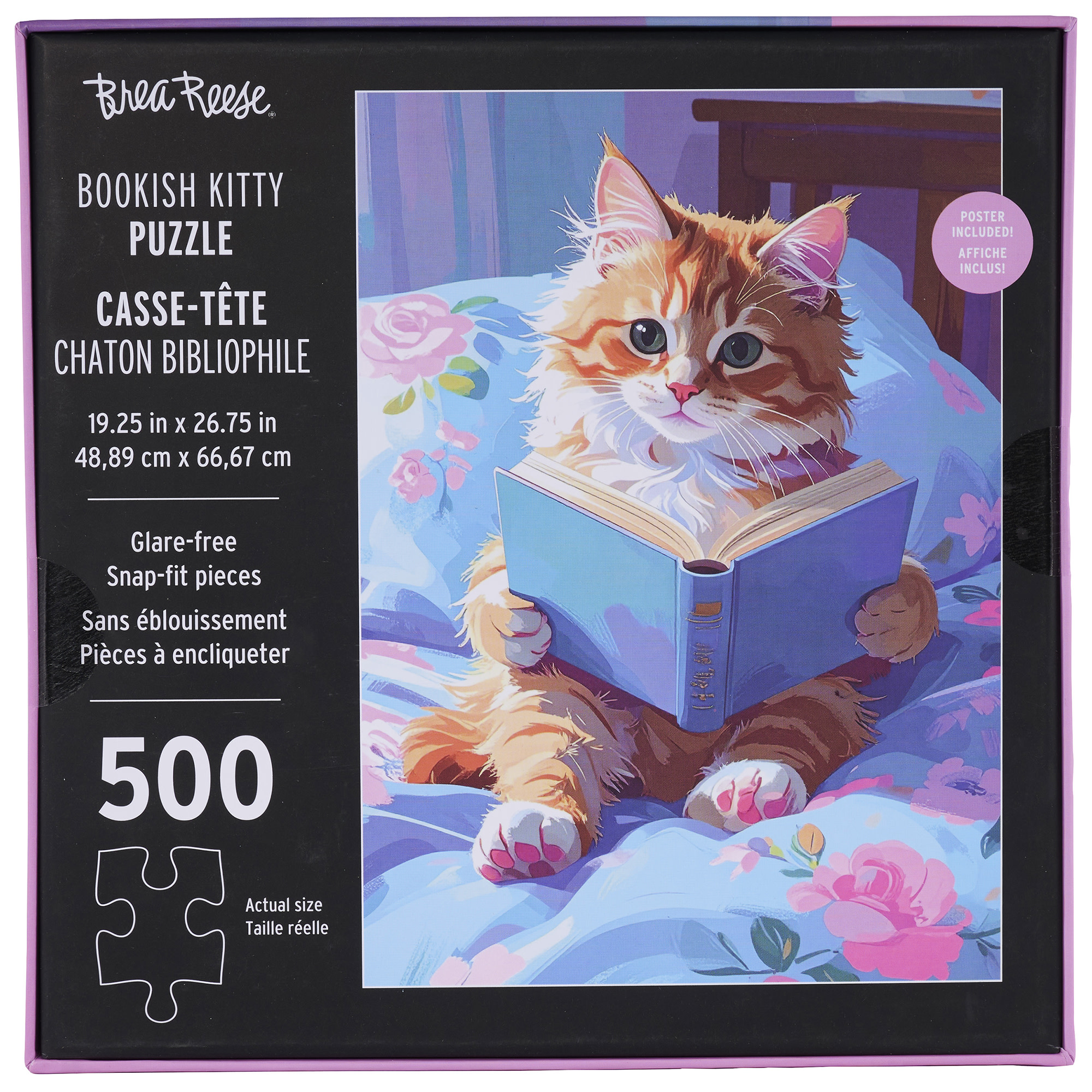 Brea Reese: 500 Piece Puzzle - Bookish Kitty - Cozy Floral Bedding & Animal Reading Scene, Adult Jigsaw, Snap-Fit, Soft-Touch, Image Reference Poster