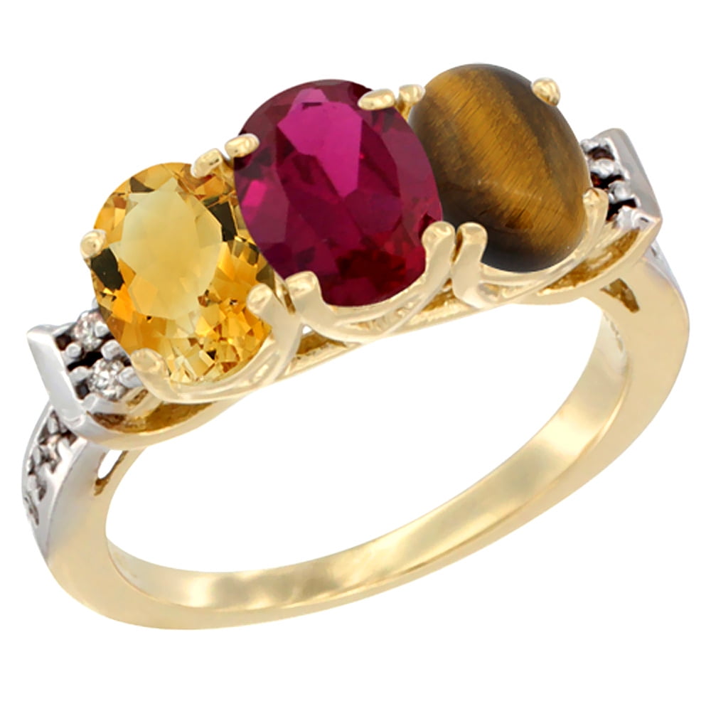 14K Yellow Gold Natural Citrine, Enhanced Ruby & Natural Tiger Eye Ring 3-Stone 7x5 mm Oval Diamond Accent, sizes 5 10 by WorldJewels