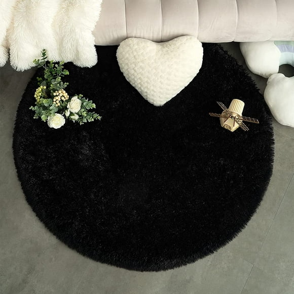 diameter 100cm/39.4" Pure color round carpet, soft plush non-slip carpet, fluffy carpet (black)
