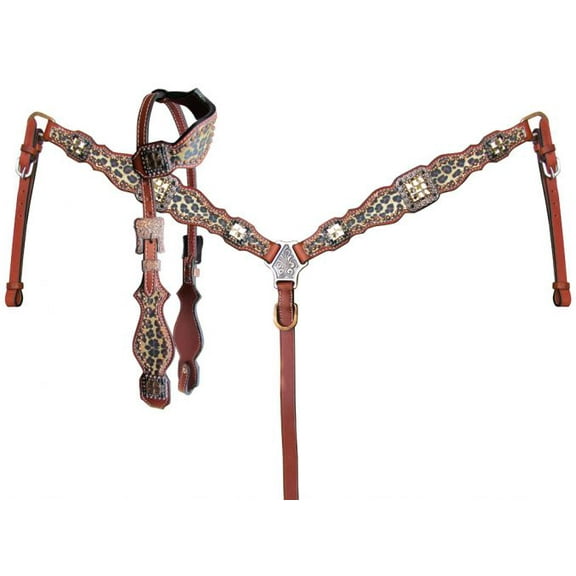 Showman Cheetah Print Leather Single Ear Headstall & Breast Collar Set w/ Reins