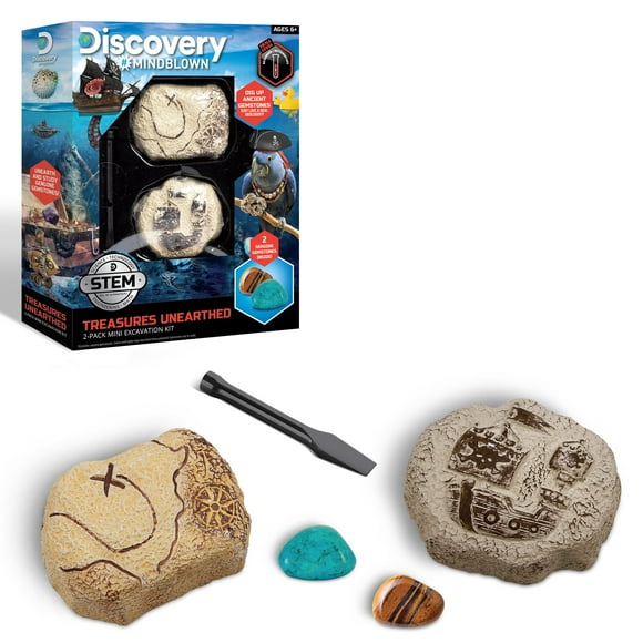 Discovery Mini Ensemble de Trésors Non Déterrés, Kit de Fouille 2 Pcs avec Biseau, Découvrez 2 Pierres Précieuses, Expérience Interactive d'Archéologie Géologie Paléontologie.