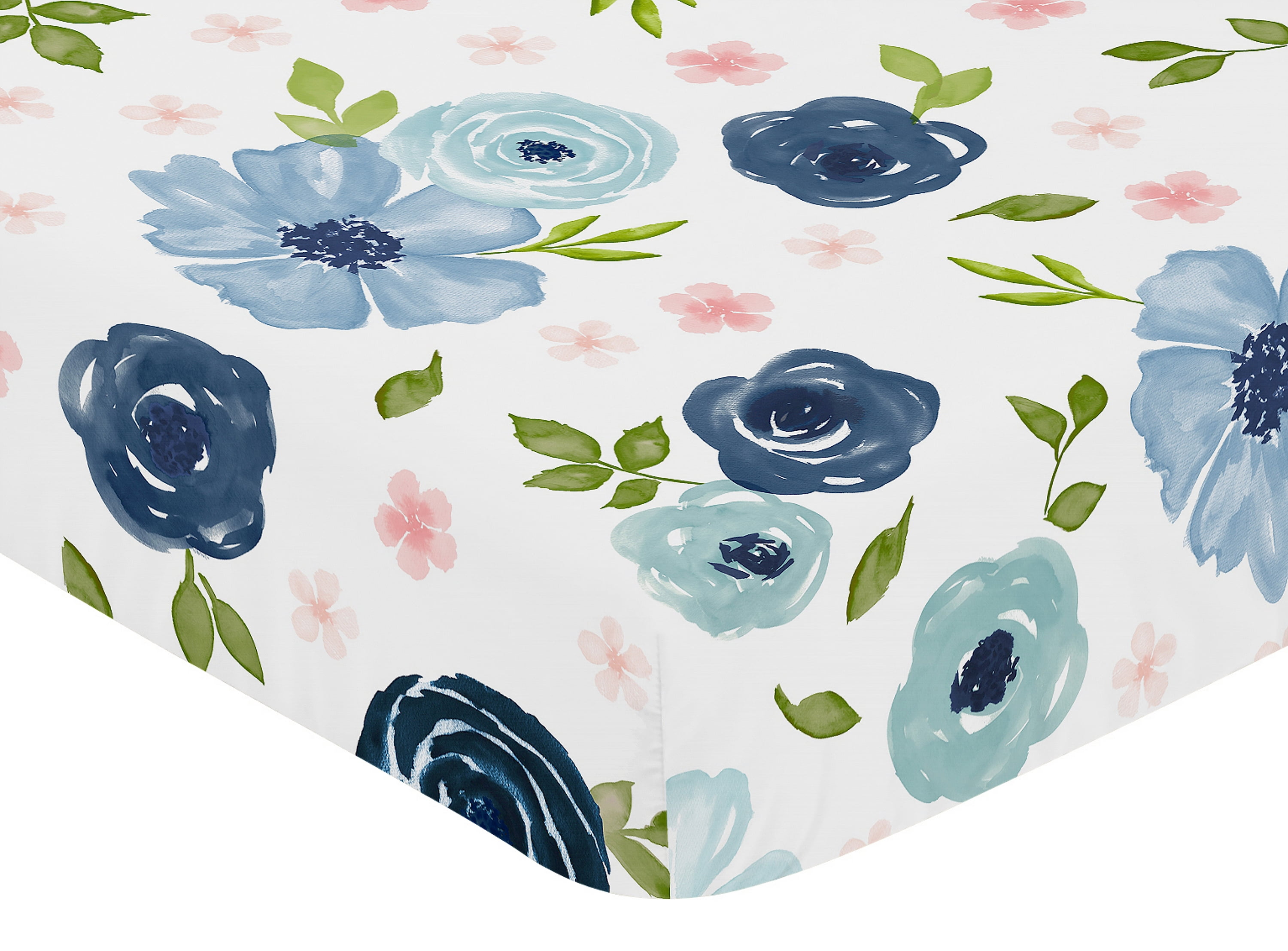 Sweet Jojo Designs Watercolor Floral Blue Pink White Fitted Crib Sheet