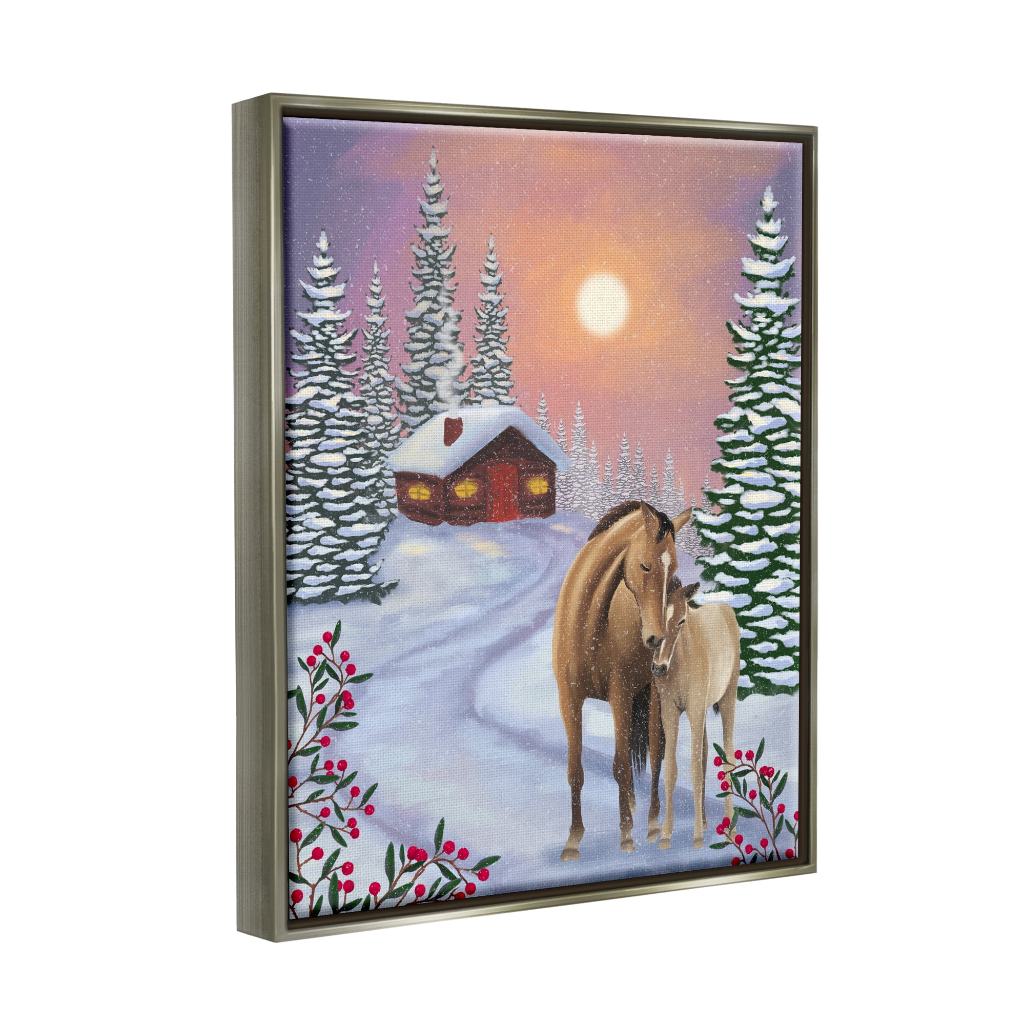 Stupell Industries Holiday Horses Winter Scene Holiday Painting Gray Floater Framed Art Print Wall Art