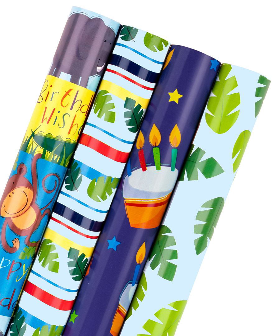 WRAPAHOLIC Baby Boy Wrapping Paper Roll - Cute Bear and Small Pin Design  Perfect for Celebration, Party, Baby Shower Present Packing - 4 Rolls - 30