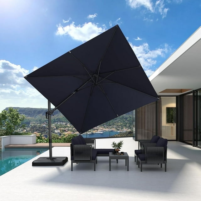PURPLE LEAF Parasol Déporté 10 X 10 Pi Inclinable Gauche-Droite Pivotant Carré pour Terrasse Extérieure Grand Parasol Déporté en Aluminium avec Rotation à 360° Parasol de Piscine Ajustable, Bleu Marine