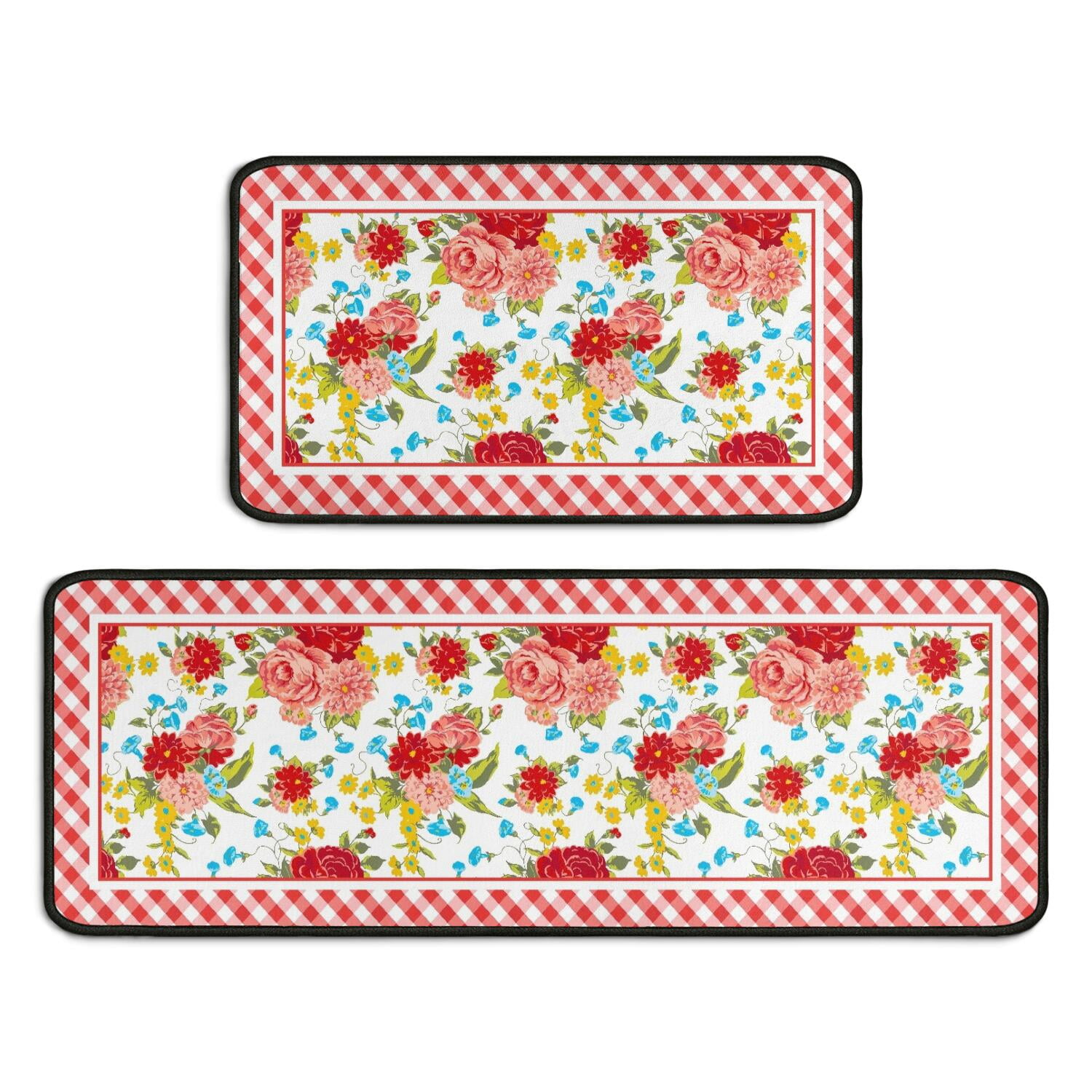 Flower Kitchen Mat Sets 2 Piece Farmhouse Anti Fatigue Waterproof Stain Resistant Floor Rug Non Slip Pioneer Flower Woman Kitchen Laundry Room Rug - 17x30+17x47 Inch