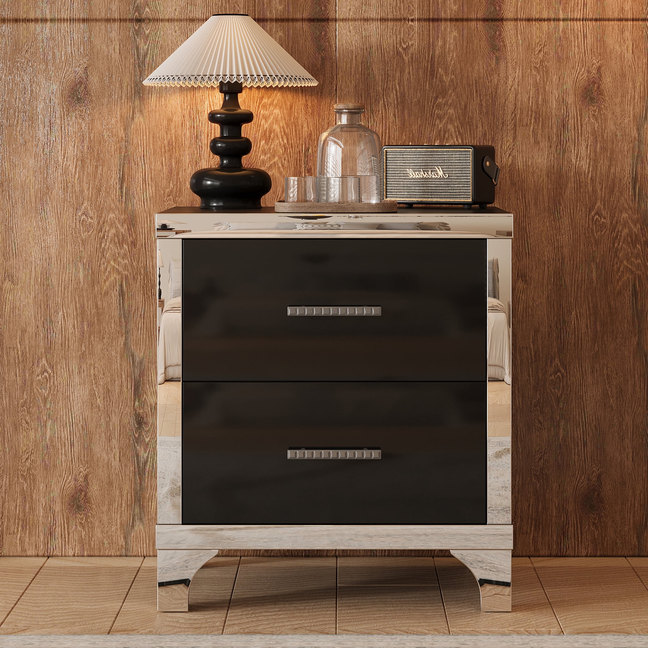 Noble House High Gloss Nightstand with 2 Drawers, Mirrored Bedside Table with Metal Handles, Black