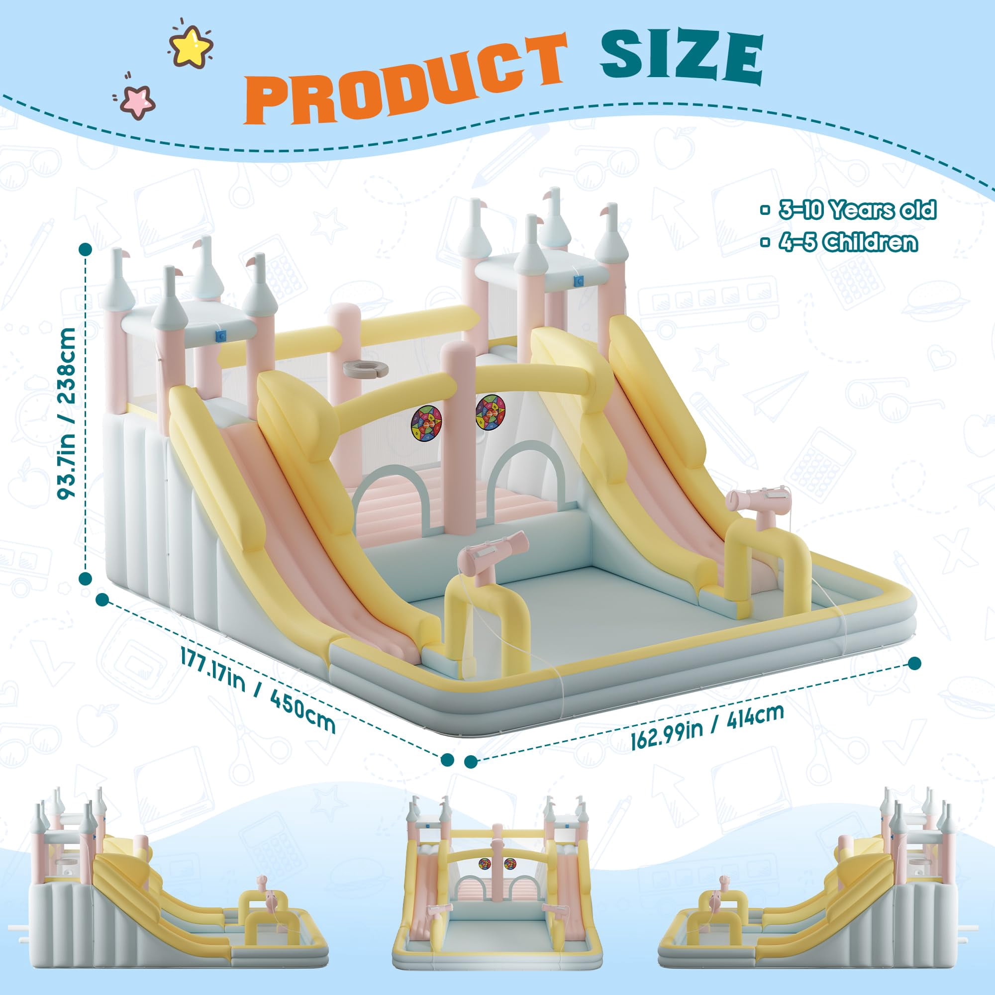 LUXOAK Inflatable Bounce House, Water Slide with Jumping Area, Climbing Wall, Splash Pool and Water Gun, Pastel Color for Beach, 177x163x94 inch