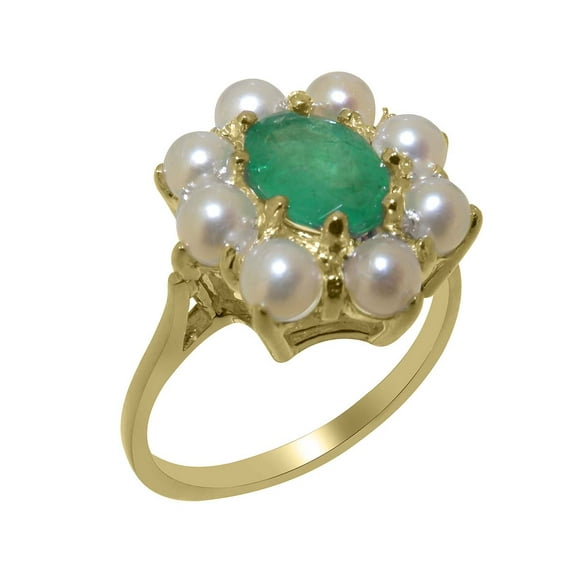 LBG British Made 10k Yellow Gold Natural Emerald & Cultured Pearl Womens Promise Ring - 33 size options - Size 6