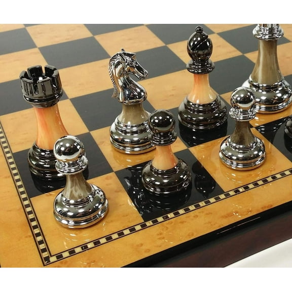 Staunton Chrome  Black Pro Plastic Chess Men Set W 18" Gloss Walnut Color Board