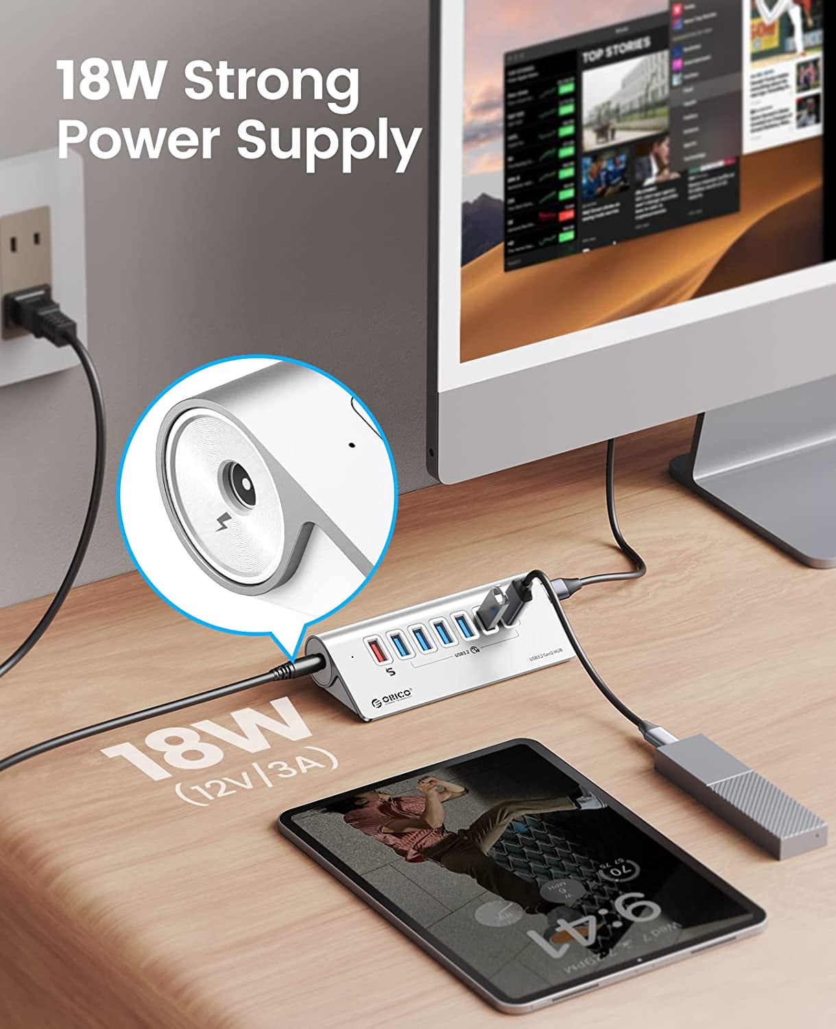 ORICO Powered USB Hub 3.0 Desk Aluminum USB Splitter Hub with 7 USB 3.0 Data Ports + 1 Fast Charging Ports 18w,12v3a Power USB Adapter with 3.28ft Cable