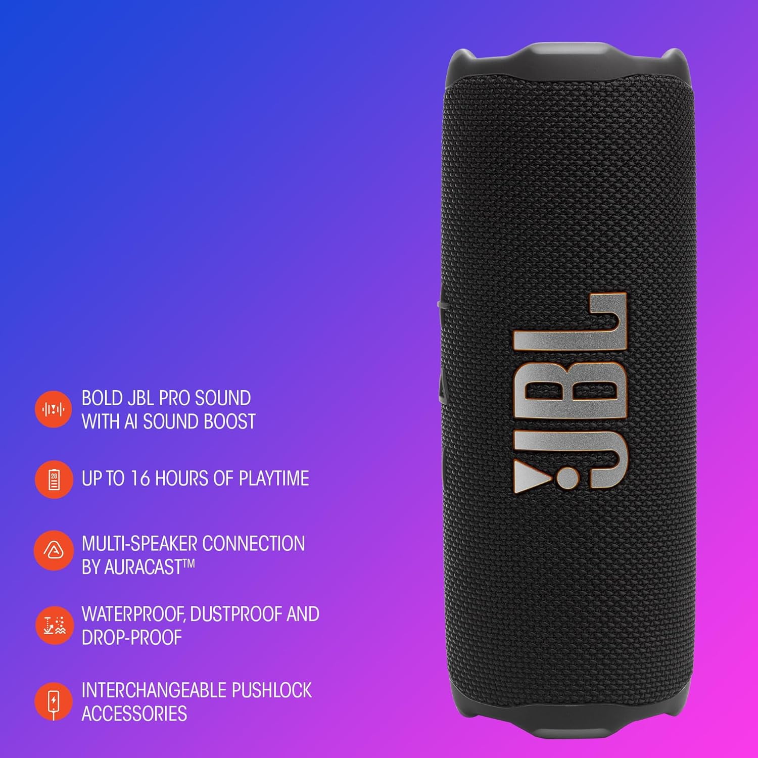 Open Box JBL Flip 7 - Portable waterproof and drop-proof speaker, Bold JBL Pro Sound with AI Sound Boost, 16Hrs of Playtime, and PushLock system with interchangeable accessories (Purple)