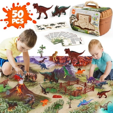 Flooyes Dinosaur Play Set for Kids, 50PCS Figures Toys with Storage, Activity Play Mat, Trees, Rocks, Create Christmas Realistic Dino Gifts for Boys Girls Ages 3 