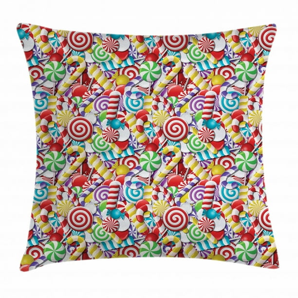 Candy Cane Throw Pillow Cushion Cover, Bonbons Lollipops Sugary Treats