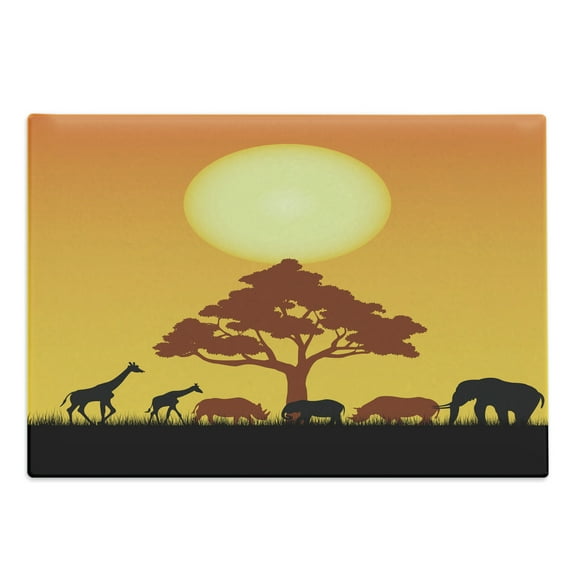 Safari Cutting Board, Silhouette of Elephants Zebras Grassland and a Tree the Sun Nature, Decorative Tempered Glass Cutting and Serving Board, Large Size, Chocolate Orange and Black, by Ambesonne